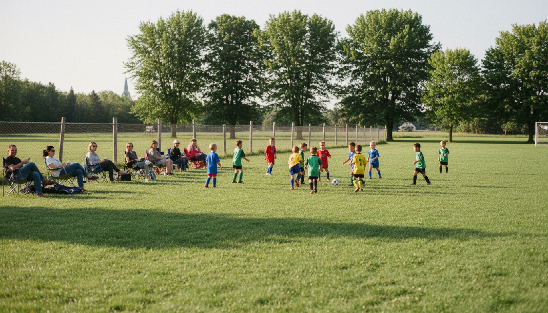 Kids playing soccer on a Saturday morning at a community park in North Middlesex